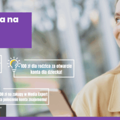 Fioletowy baner z białym tekstem „Konto na luzie, kontrola na serio! Promocja trwa od 17.02 do 31.12.2025”. Poniżej, w białych ramkach przypominających żarówki, wypisane są korzyści promocji: „50 zł premii dla dzieci do 13 r.ż. za wpłaty!”, „100 zł dla rodzica za otwarcie konta dla dziecka!”, „100 zł premii dla młodzieży za płatności kartą!”, „100 zł na zakupy w Media Expert za polecenie konta znajomemu!”. W tle widoczna uśmiechnięta młoda kobieta, patrząca w górę i trzymająca w ręku smartfon. W prawym górnym rogu logo Banku Spółdzielczego w Lututowie. W dolnej części banera znajduje się informacja prawna o promocji i regulaminie.