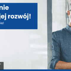 Baner promujący promocyjne konto firmowe w Rejonowym Banku Spółdzielczym w Lututowie. Po lewej stronie niebieski prostokąt z tekstem: „Twoja firma rośnie — my wspieramy jej rozwój! Promocyjne konto czeka na Ciebie! Promocja trwa od 01.02 do 31.12.2025”. Po prawej stronie uśmiechnięty mężczyzna z siwą brodą i okularami, trzymający telefon w biurowym otoczeniu. W prawym górnym rogu logo SGB i nazwa banku. Na dole baneru informacja o dostępności regulaminu promocji.